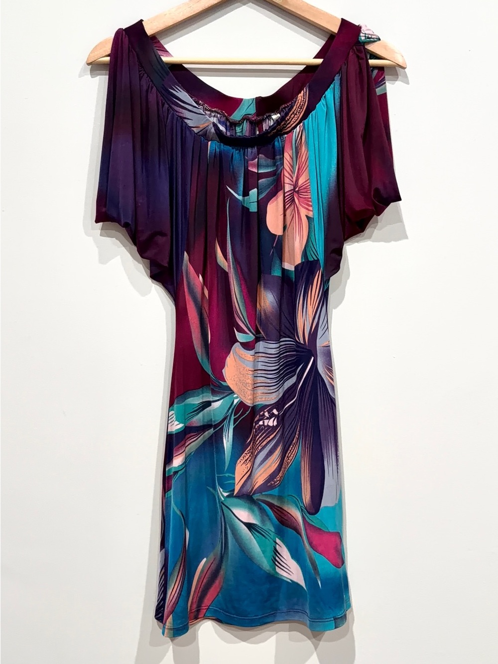 Tropical Floral Cold-Shoulder Maxi Dress in Teal & Plum - Size: S